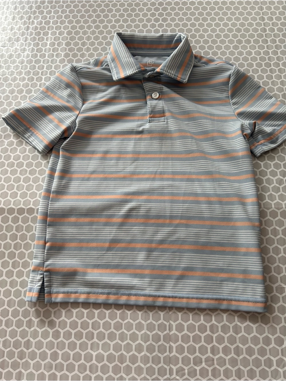 Class Club Boys Striped Polo Shirt in Light Blue and Peach. Size 4/5